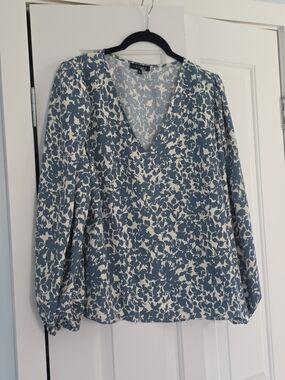 1. State Blue and White Floral V-Neck Blouse